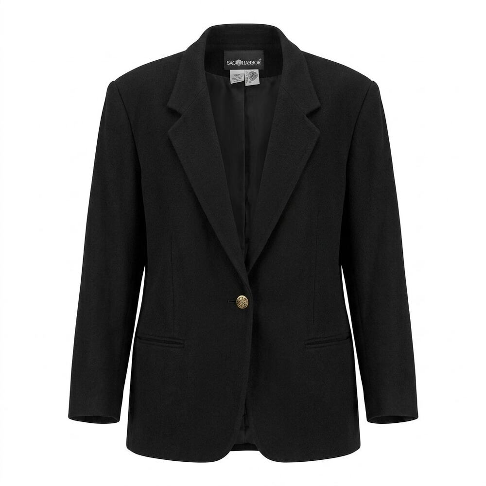 Vintage Sag Harbor 100% Wool Black Graphic Print Lined Jacket Women Size 18